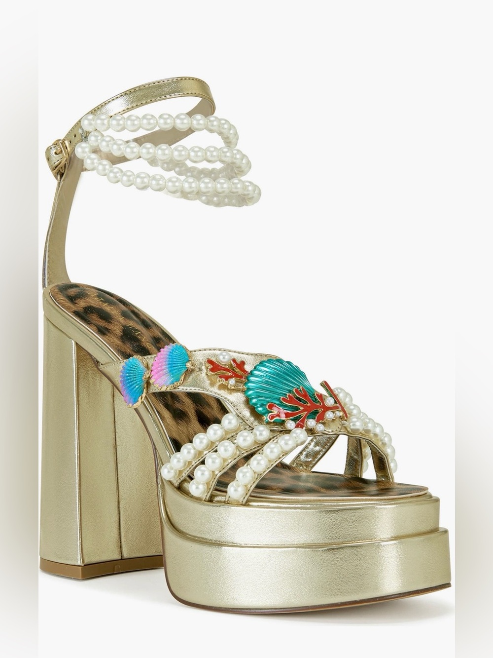 Gold Pearl-Embellished Platform Heel with Turquoise Shell Accents